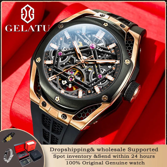 Gelatu 6008 original Luxusmarke Herren automatische mechanische Uhr Mode wasserdichte Skelett Saphir Spiegel Sport Herren uhr