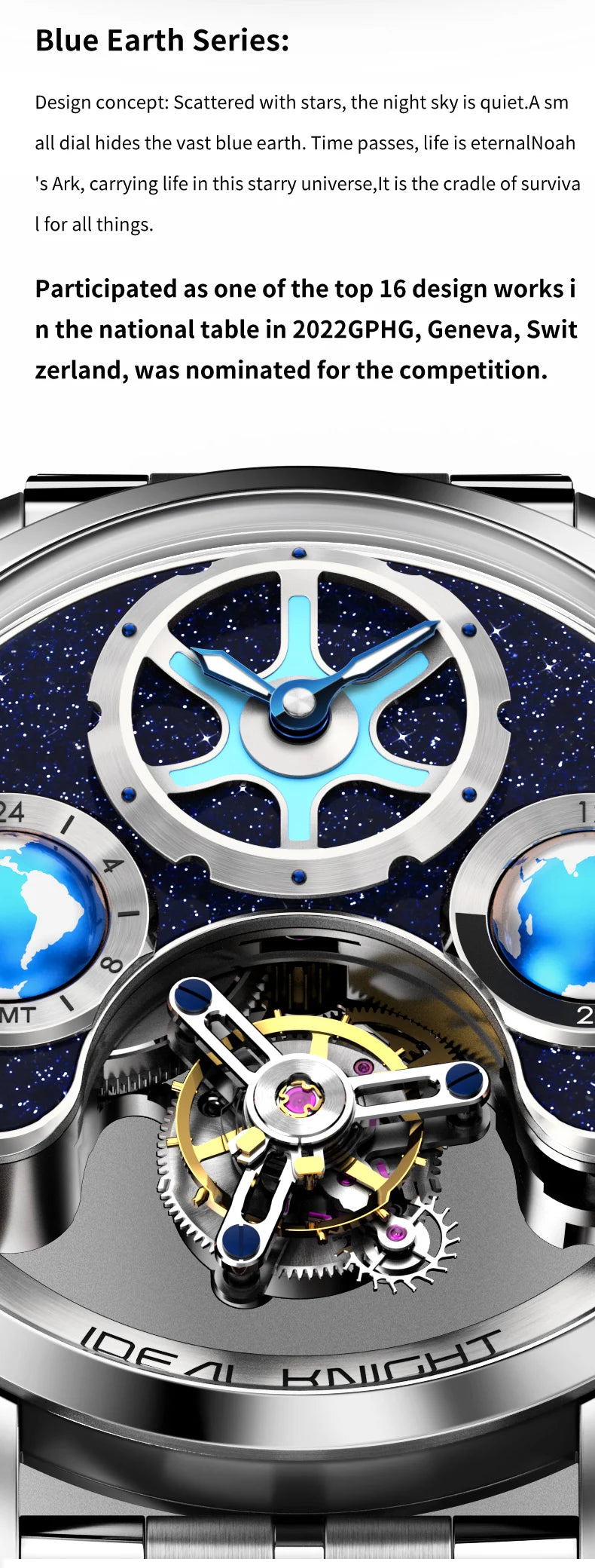 Ideal Knight 6805 Tourbillon Watch for Men 3D Rotating Blue Earth Design 12 Hours Tray Skeleton Waterproof Men's Wristwatches