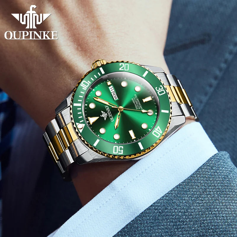 OUPINKE 3205 Diving Series Men Fully Automatic Movement Watch Classic Green Water Ghost Double Calendar Top Men Mechanical Watch