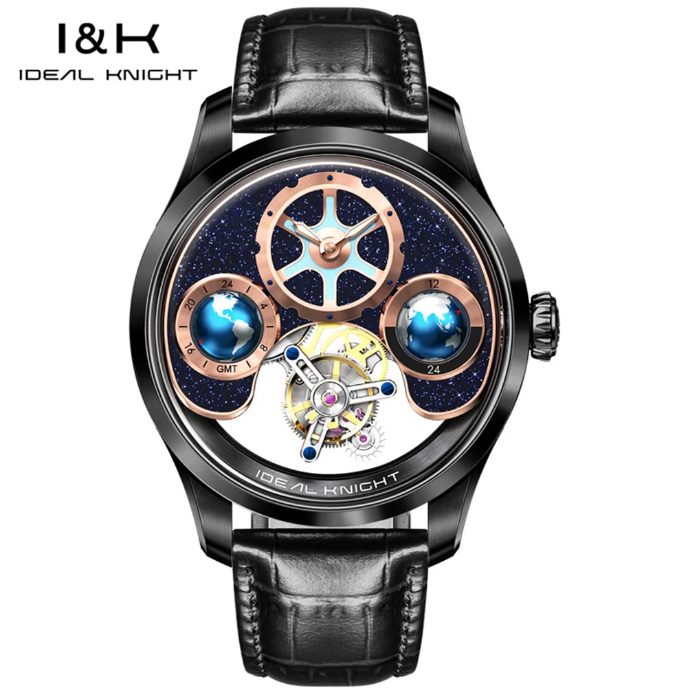 IDEAL KNIGHT 6808, Luxusmarke, Tourbillon, vollständig hohl, automatische mechanische Herrenuhr (blauer Boden), hochwertige Uhr für Herren