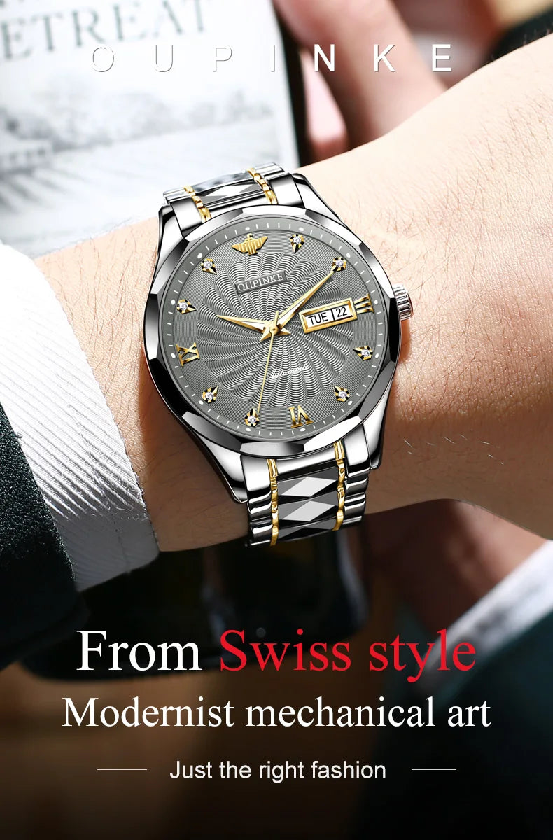 OUPINKE 3169 Men's Watch Top Swiss Certified Luxury Brand Men's Automatic Mechanical Watch Fashion Business Calendar Men's Watch