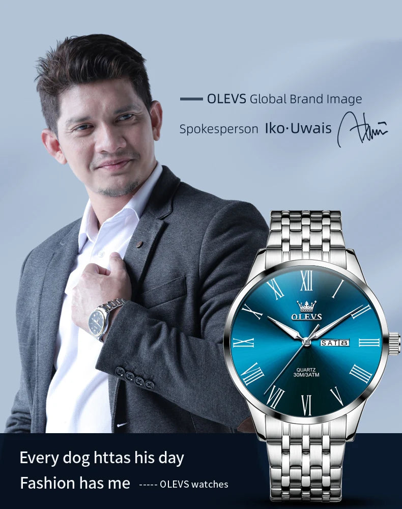 OLEVS 3633 Herrenuhr Business Simply Original Quarzuhr für Herren, wasserdicht, leuchtend, Edelstahl, Dual-Kalenderanzeige