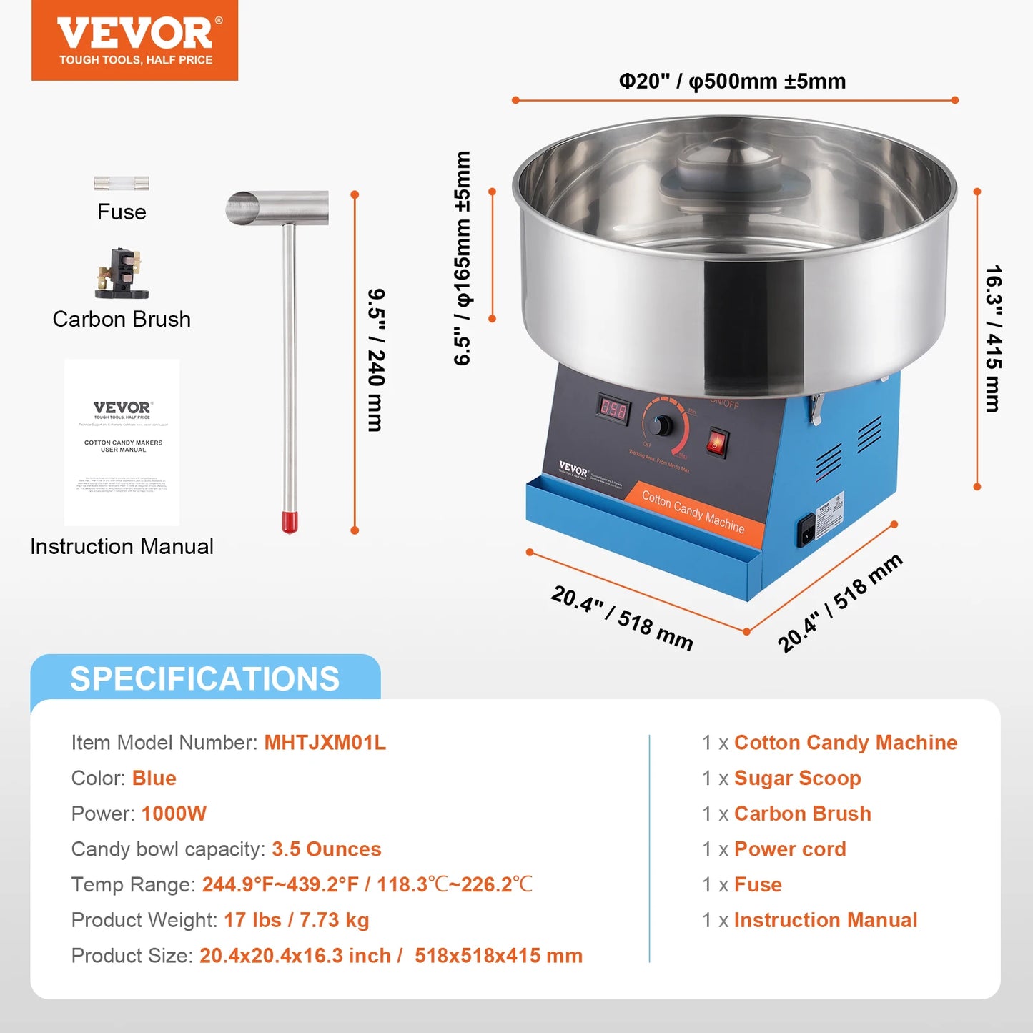 VEVOR Elektrische Zuckerwattemaschine, 1 kW Zuckerwattegeräte, Kommerzielle Zuckerwattemaschine mit Abdeckung, Edelstahlschüssel & Zuckerlöffel, für Kindergeburtstage zu Hause, Familienfeiern (Rot)