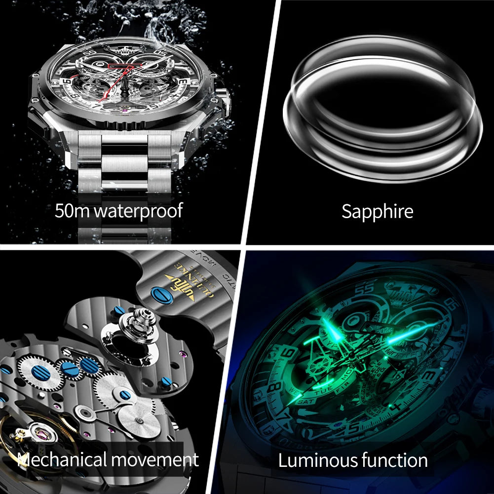 Oupinke Luxus Herren uhr Skelett automatische mechanische Armbanduhr für Männer italienische Designer Kollaboration Herren uhren neu