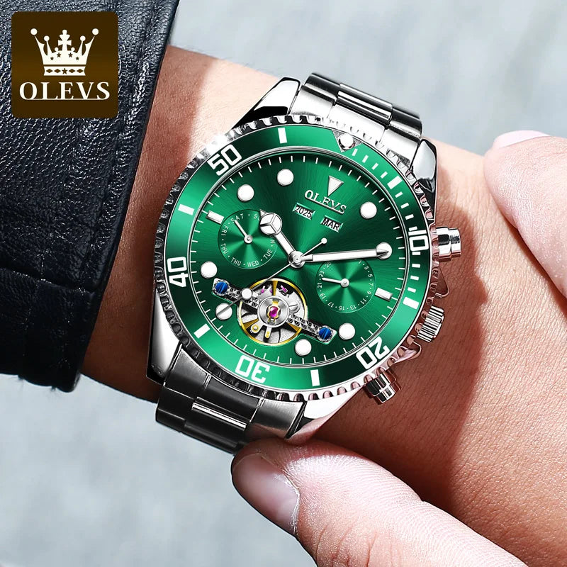 Olevs Herren mechanische Uhren wasserdichte Business Edelstahl Armband Armbanduhr Skelett automatische Uhr für Mann Kalender