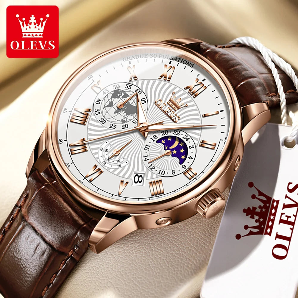 OLEVS Herrenuhren Casual Business Original Quarzuhr für Herren Wasserdicht Leuchtende Armbanduhr Mondphasenkalender Chronograph