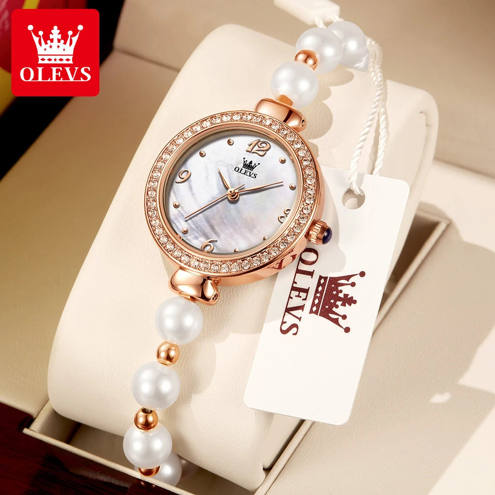 OLEVS 9968 Frauen Uhr Elegante Mode Original Kleine Zifferblatt Quarz Armbanduhr Wasserdichte Perle Uhr Kette Damen Uhr Box Reloj