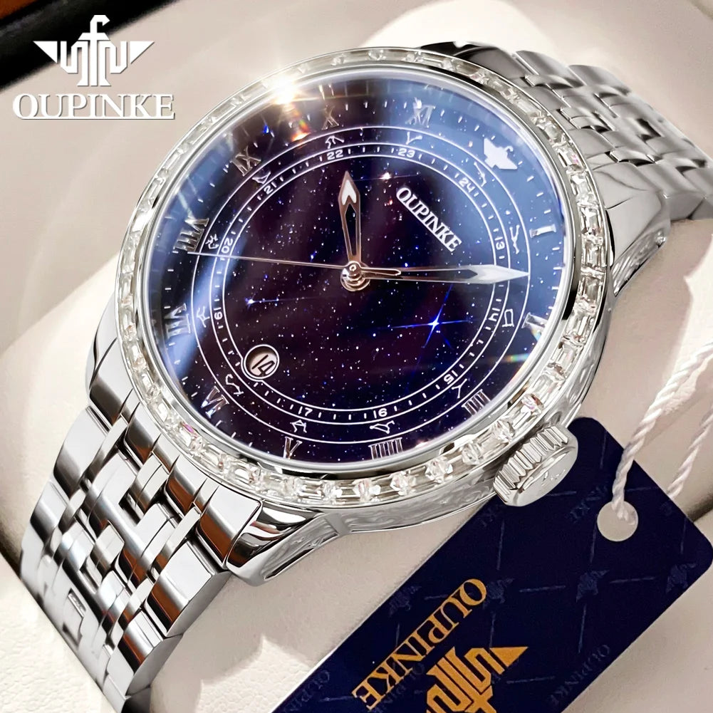 OUPINKE 3203 Fashion Brand Men's Automatic Mechanical Watch Luxury Waterproof Glowing Starry Sky Diamond Men Watch Montre Homme