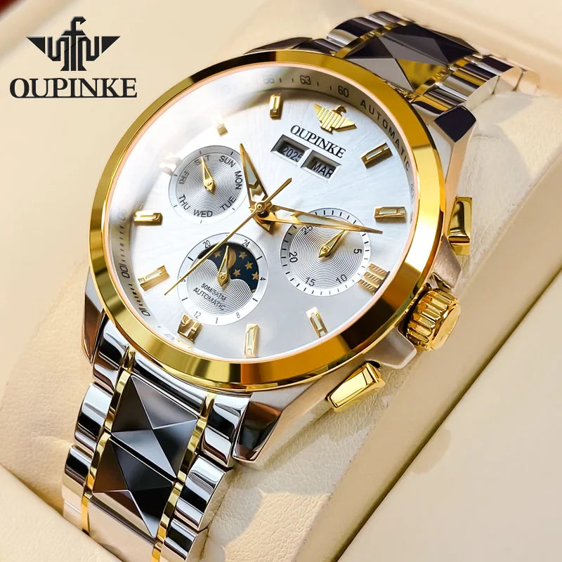 OUPINKE 3201 Men's Watch Top Luxury Brand Tungsten Steel Sapphire Mirror Waterproof Lunar Phase Men's Automatic Mechanical Watch