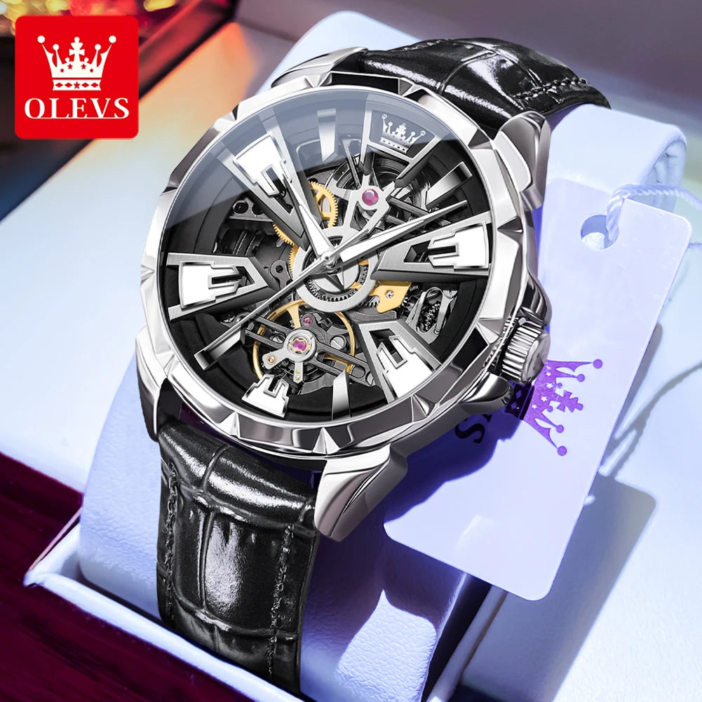 OLEVS 7051 Hohl Automatische Mechanische Uhren für Männer Mode Lederband wasserdicht Leucht Original Marke Luxus Mann Uhr