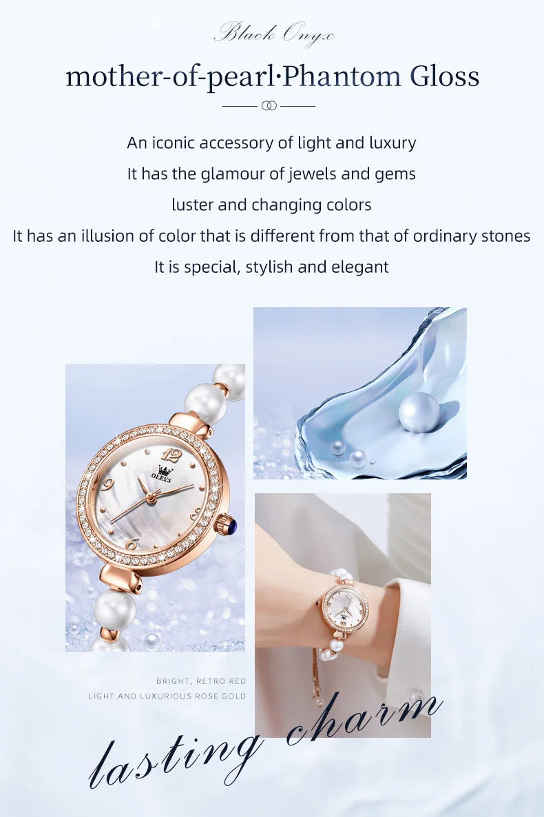 OLEVS 9968 Frauen Uhr Elegante Mode Original Kleine Zifferblatt Quarz Armbanduhr Wasserdichte Perle Uhr Kette Damen Uhr Box Reloj