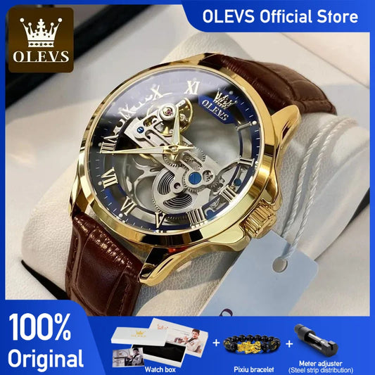 OLEVS Herrenuhren Automatische mechanische Uhren Wasserdichtes Lederarmband Top Luxus Herren Armbanduhr Leuchtende Geschenkbox Uhr Herren