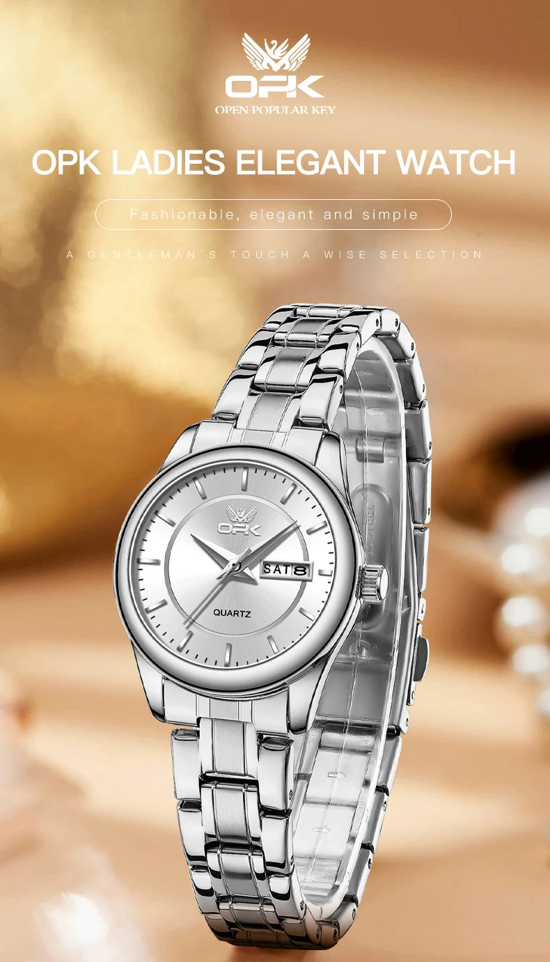 Opk Damen uhren Quarz Armbanduhr Casual Fashion Uhr für Damen wasserdichte Edelstahl Dual Kalender Display