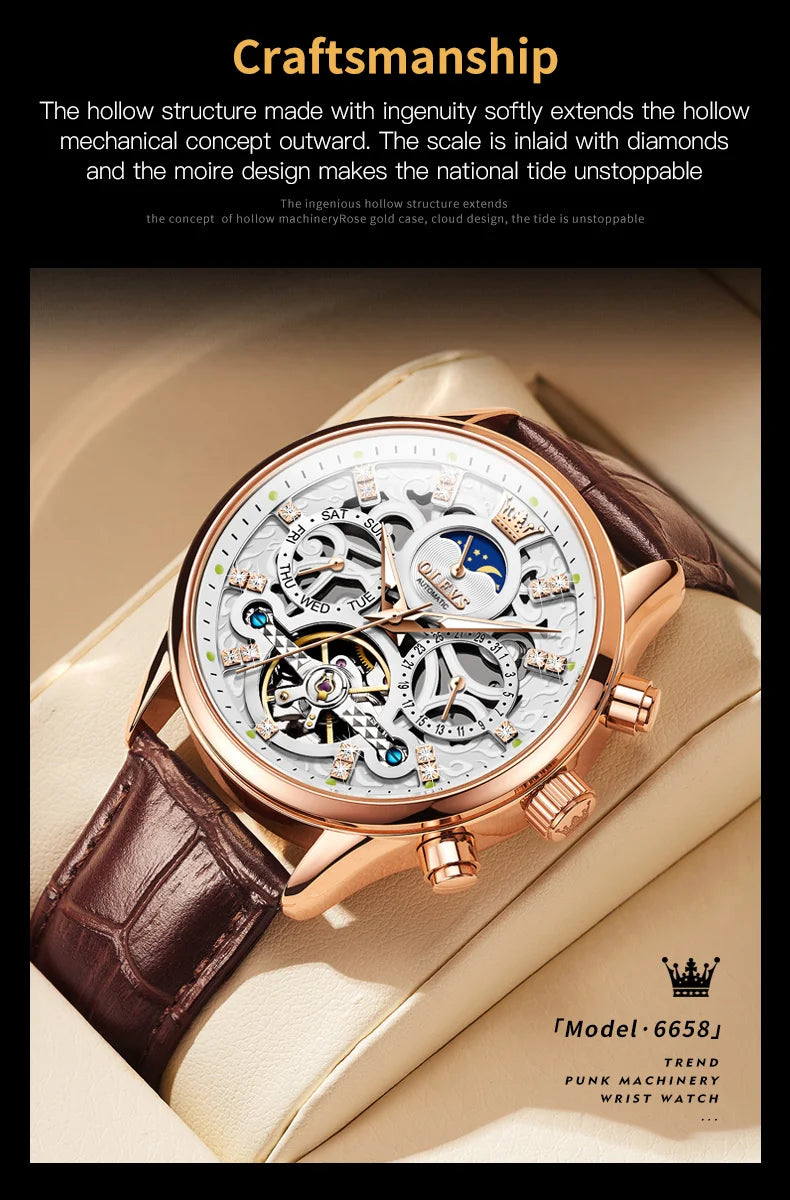 OLEVS Top Marke männer Uhren Mode Skeleton Tourbillon Automatische Mechanische Armbanduhr für Männer Wasserdicht Lederband Neue