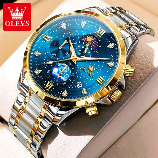 OLEVS Luxury Luminous Starry Sky Dial Men's Watches Moon Phase Waterproof Original Quartz Watch for Male Wristwatch Chronograph