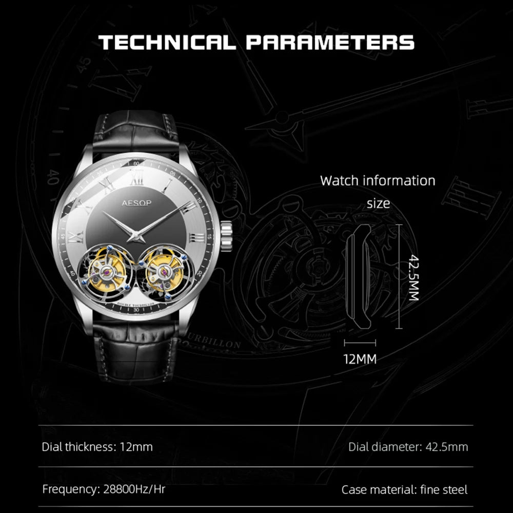 Superluxuriöse 100 % originale Doppel-Tourbillon-Uhr für Herren, Saphir-Handaufzugswerk, 1963, mechanische Armbanduhr, AESOP 2022