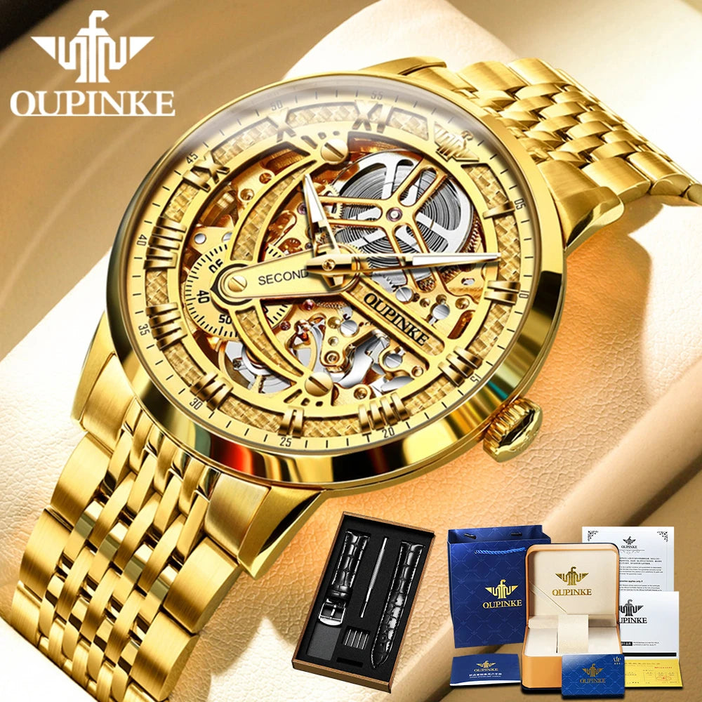 Oupinke High-End-Herren mechanische Uhren Skelett hohle automatische Mann Handuhr Luxus wasserdichte Herren Kleid Armbanduhr