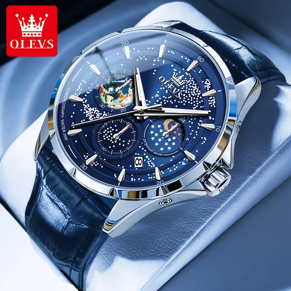 Olevs Herren uhren multifunktion ale Original Quarz Armbanduhr wasserdichte Leder Leucht uhr für Mann Chronograph Mondphase