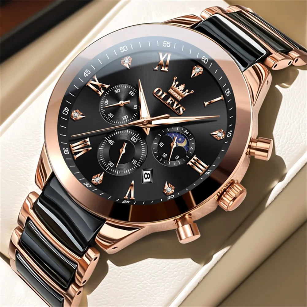 Olevs Herren uhren klassisches Modedesign Original Armbanduhr für Mann Chronograph Keramik armband wasserdichte leuchtende Mondphase