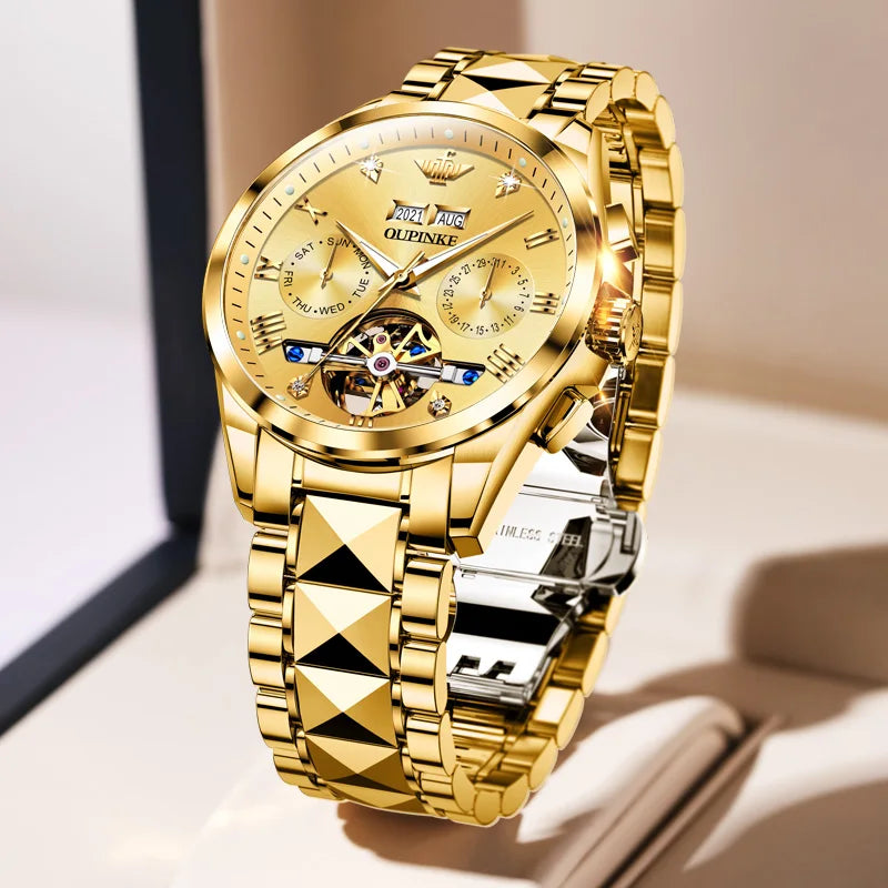 OUPINKE Top Marke männer Uhren Luxus Sapphire Automatische Mechanische Uhr für Mann Wolfram Stahl Tourbillon Wristwath Kalender