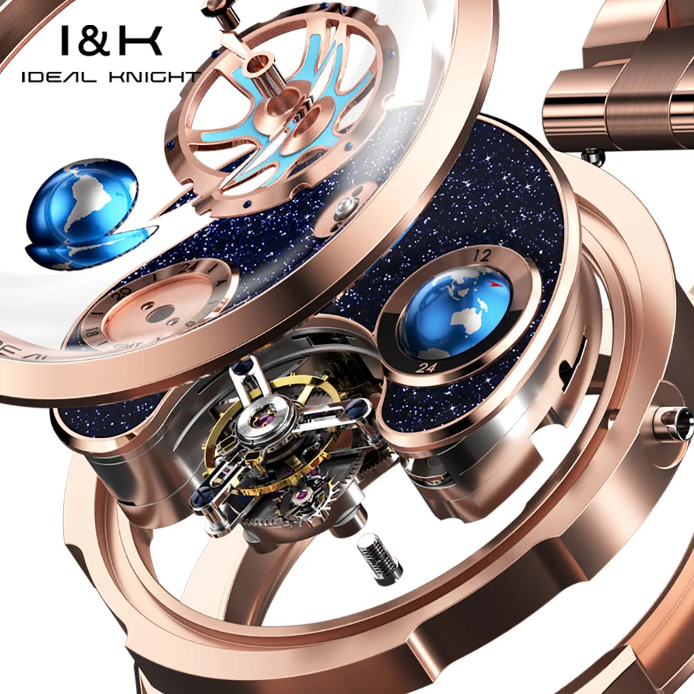 Ideale Ritter 6805 Tourbillon Uhr für Männer Blue Earth Serie Skelett automatische Herren mechanische Uhr leuchtende wasserdichte Uhr