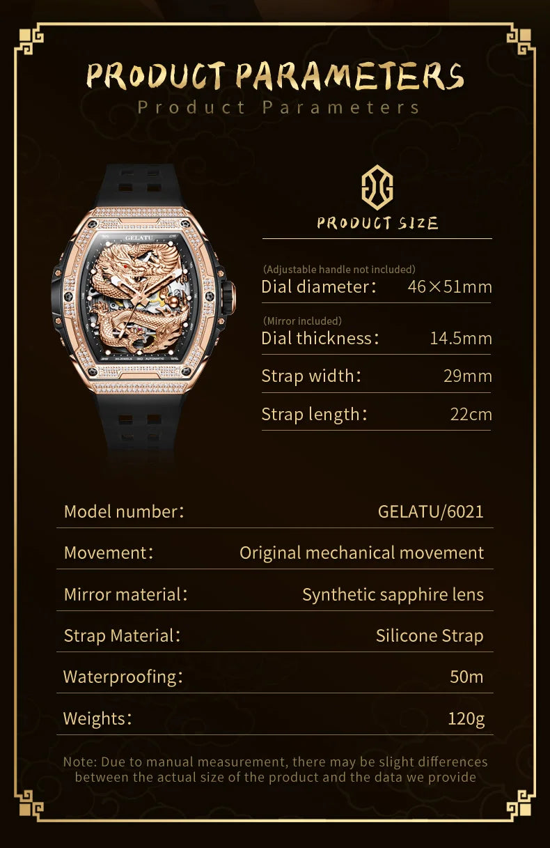 GELATU 6021 Hohle Herrenuhr, Silikonarmband, luxuriös, wasserdicht, High-End-Volldiamant-Drachen-Zifferblatt, automatische mechanische Markenuhr