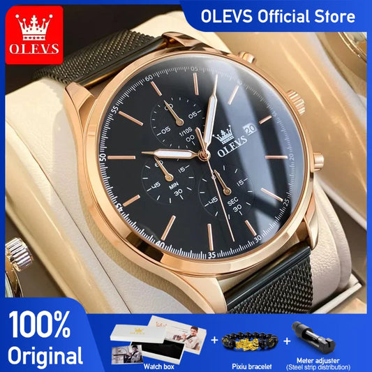 OLEVS Chronograph männer Uhren Mode 42mm Zifferblatt Original Quarz Armbanduhr Wasserdichte Edelstahl Mesh-Armband Uhr für Männer