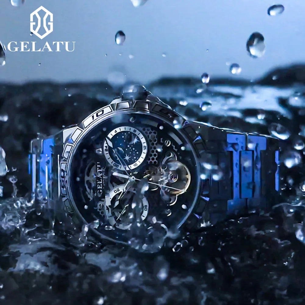 Gelatu 6020 Luxus multifunktion ale trend ige Herren uhr Skelett wasserdicht Sternen himmel Zifferblatt Marke automatische mechanische Herren uhr