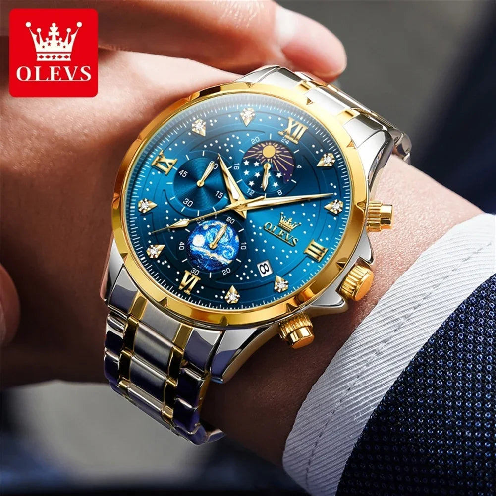 OLEVS Luxury Luminous Starry Sky Dial Men's Watches Moon Phase Waterproof Original Quartz Watch for Male Wristwatch Chronograph