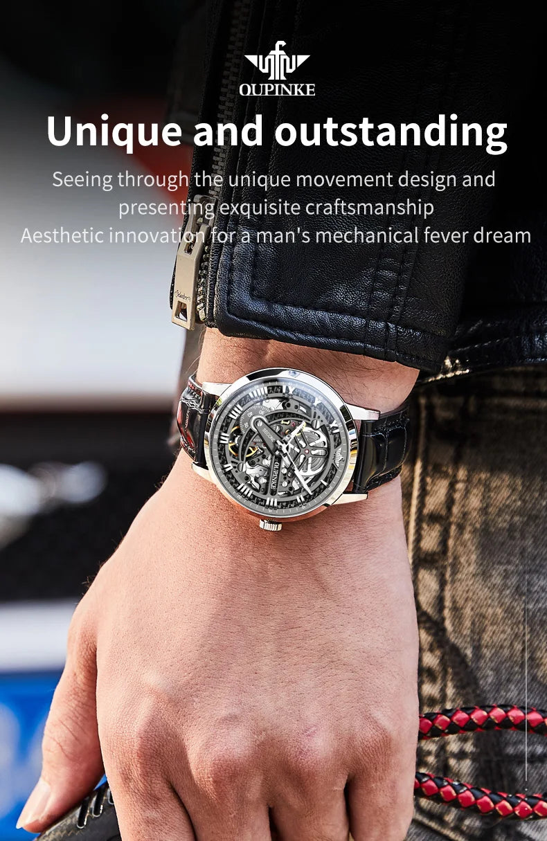 Oupinke High-End-Herren mechanische Uhren Skelett hohle automatische Mann Handuhr Luxus wasserdichte Herren Kleid Armbanduhr