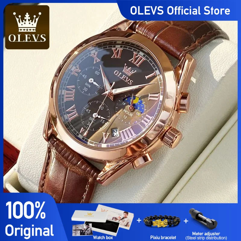 Olevs Top Marke Herren Quarzuhr nocti lucent Business wasserdichte Luxus uhr Leder armband Mondphase relogio masculino