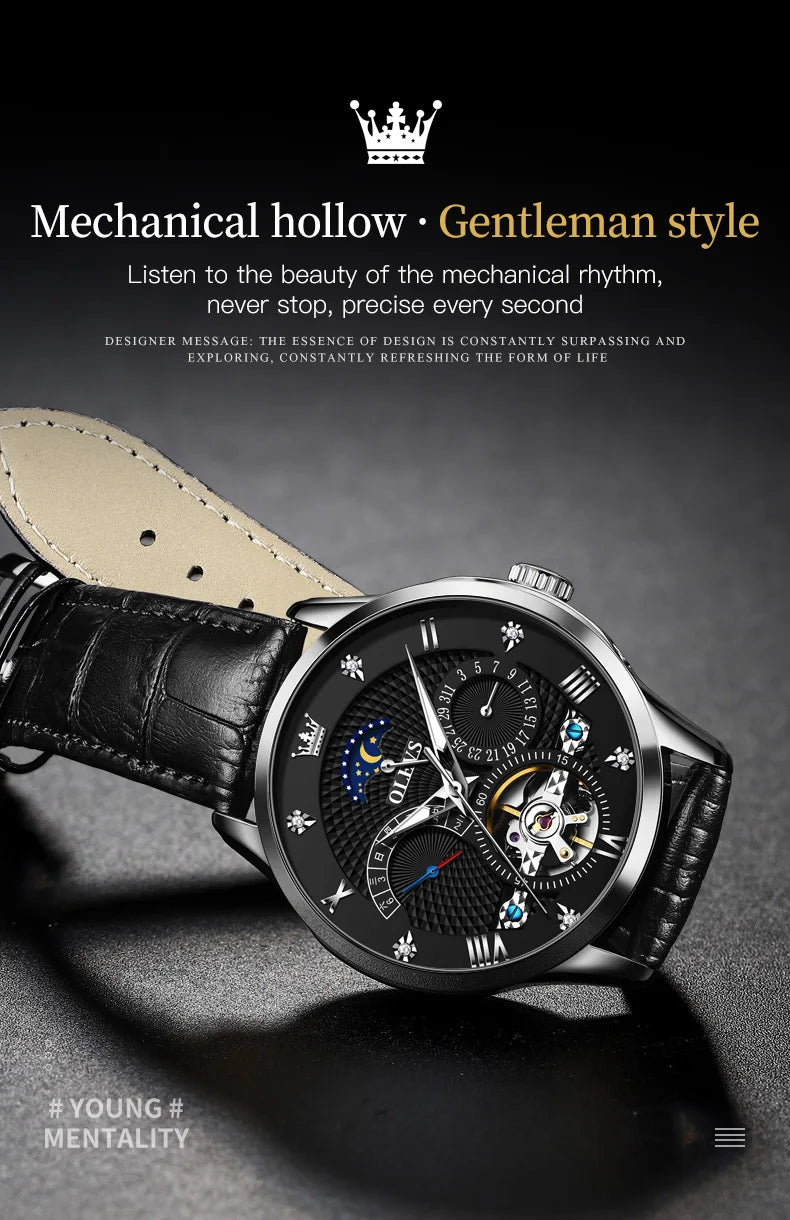 OLEVS herren Uhren Business Skeleton Automatische Mechanische Armbanduhr Wasserdicht Leder Kalender Datum Uhr für Mann Neue Ankunft