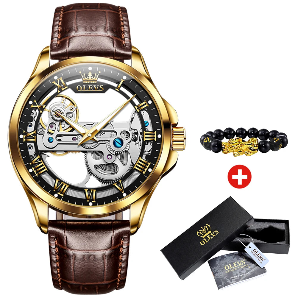 OLEVS Herrenuhren Automatische mechanische Uhren Wasserdichtes Lederarmband Top Luxus Herren Armbanduhr Leuchtende Geschenkbox Uhr Herren