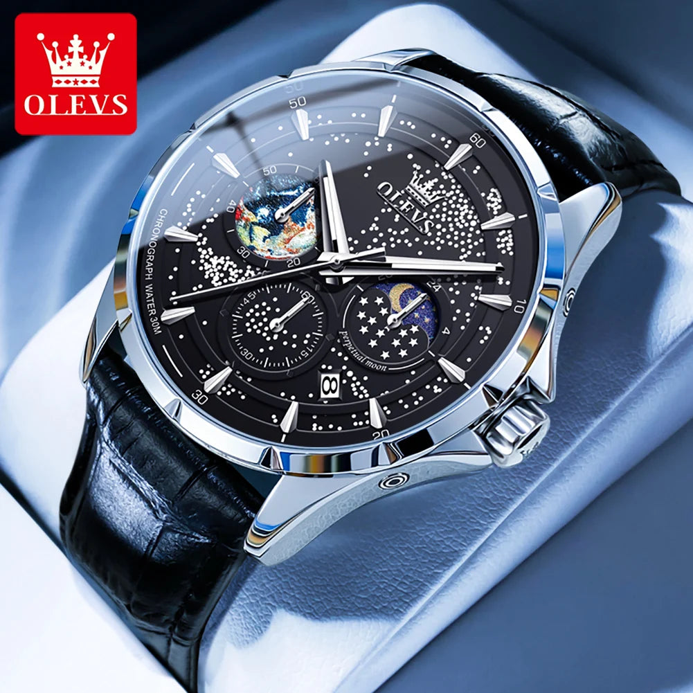 Olevs Herren uhren multifunktion ale Original Quarz Armbanduhr wasserdichte Leder Leucht uhr für Mann Chronograph Mondphase