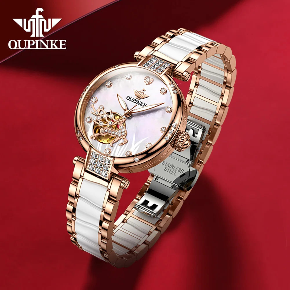 Oupinke 3211 aushöhlen Diamant Hirsch Automatik uhr für Frauen Japan mechanisches Uhrwerk Keramik armband Luxus Damen Schreib uhren