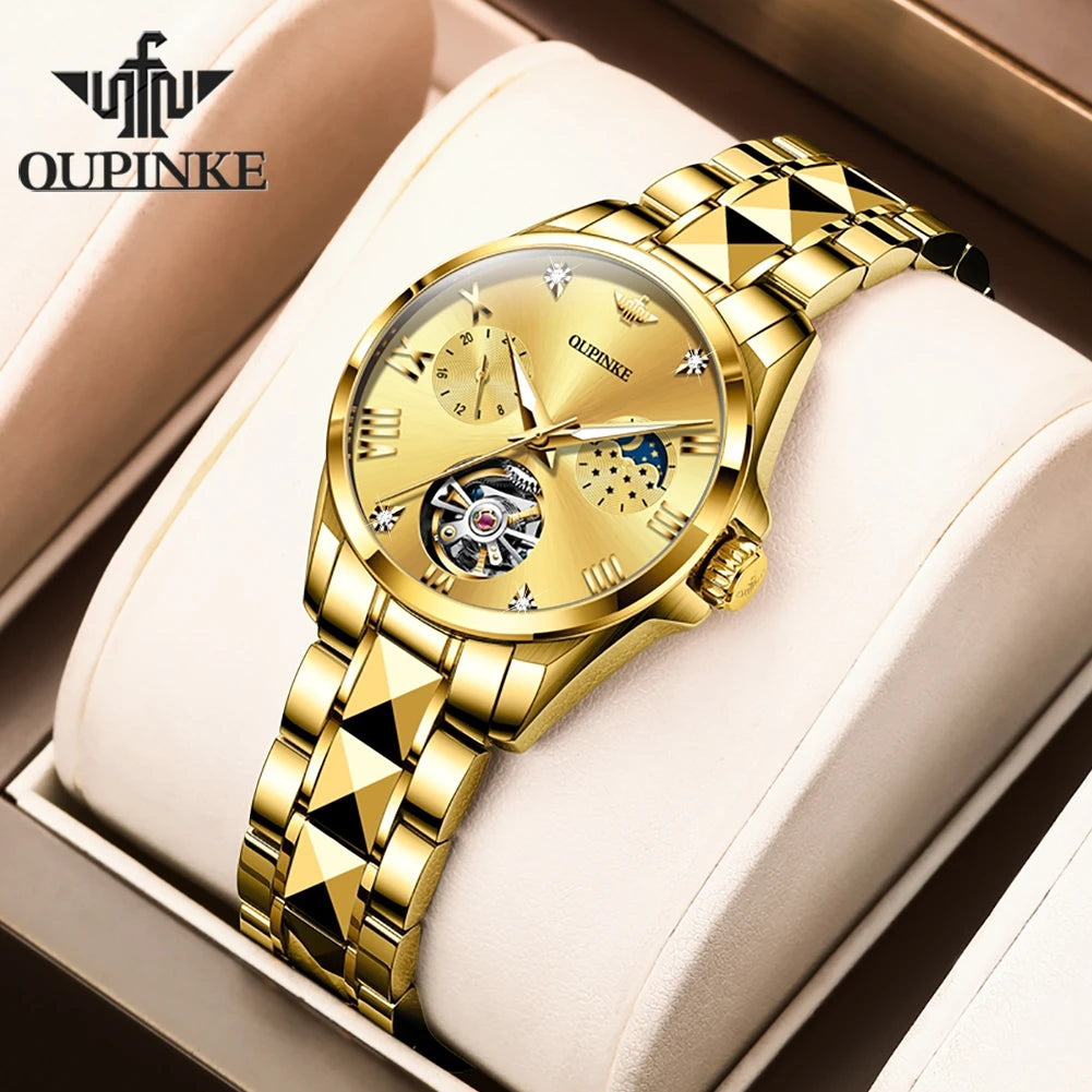 OUPINKE 3202 Hollow Women's Watch Swiss Luxury Brand Automatic Mechanical Watch Waterproof Moonphase Chronograph Women's Watch