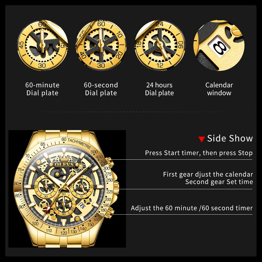 Olevs lxuxry Marke Gold Herren uhren Voll skelett Edelstahl Chronograph Armbanduhr wasserdichte leuchtende Quarzuhr Herren