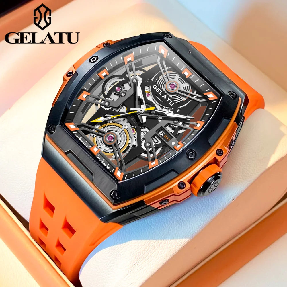 Gelatu 6012 Herren uhr Luxusmarke automatische mechanische Uhr wasserdichtes Skelett Sport Silikon Armband Relios Masculino