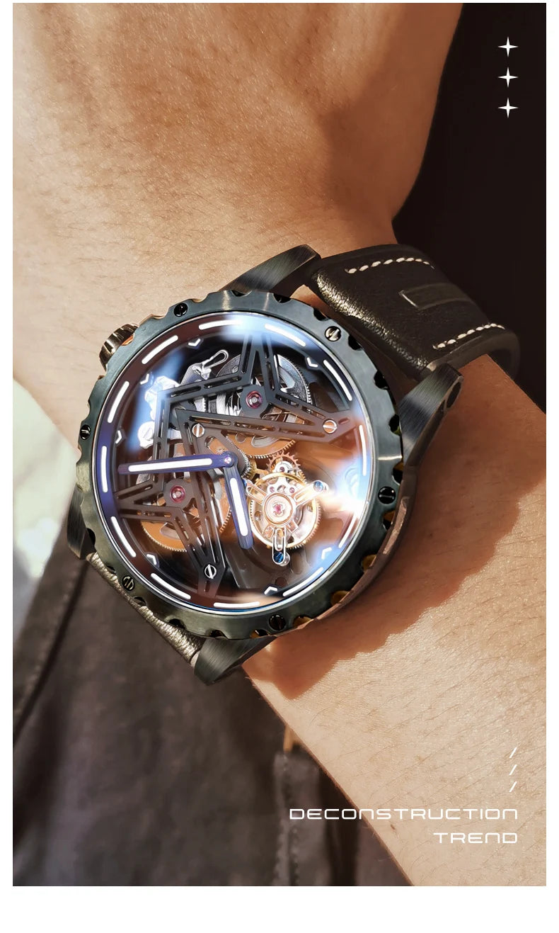 Ideal Knight Tourbillon Automatic Watch for Men Orange Blue Luminous Dial Fashion Black Steel Strap Hand Clock Great Wall Series