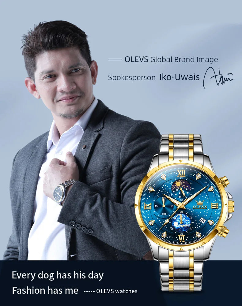 OLEVS Luxury Luminous Starry Sky Dial Men's Watches Moon Phase Waterproof Original Quartz Watch for Male Wristwatch Chronograph