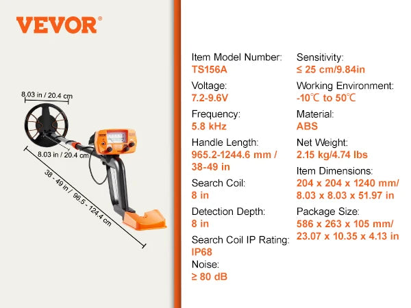 VEVOR Metalldetektor Kit für Erwachsene Multifunktionaler Profi-Detektor mit 2 Modi Metallsuchgerät wasserdichte 20,3cm Spule für Größere Tiefe, mit Schaufel und Tragetasche