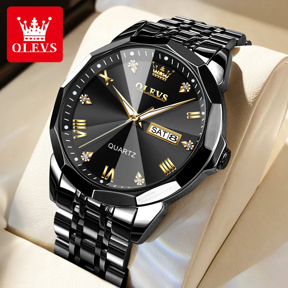 OLEVS Herrenuhren Gold Original Quarz-Armbanduhr Wasserdicht Leuchtende Uhr für Männer Rhombus Mirror Date Week Luxuskleid