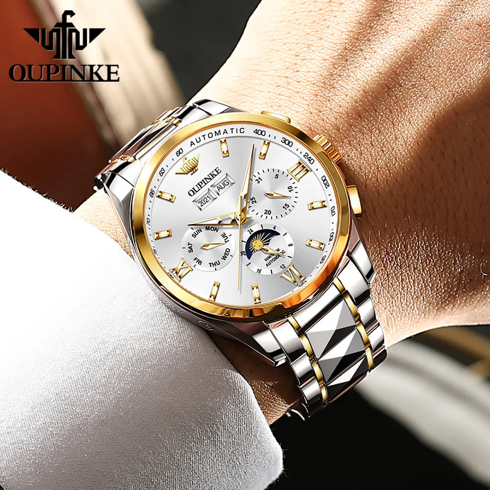 OUPINKE 3201 Men's Watch Top Luxury Brand Tungsten Steel Sapphire Mirror Waterproof Lunar Phase Men's Automatic Mechanical Watch