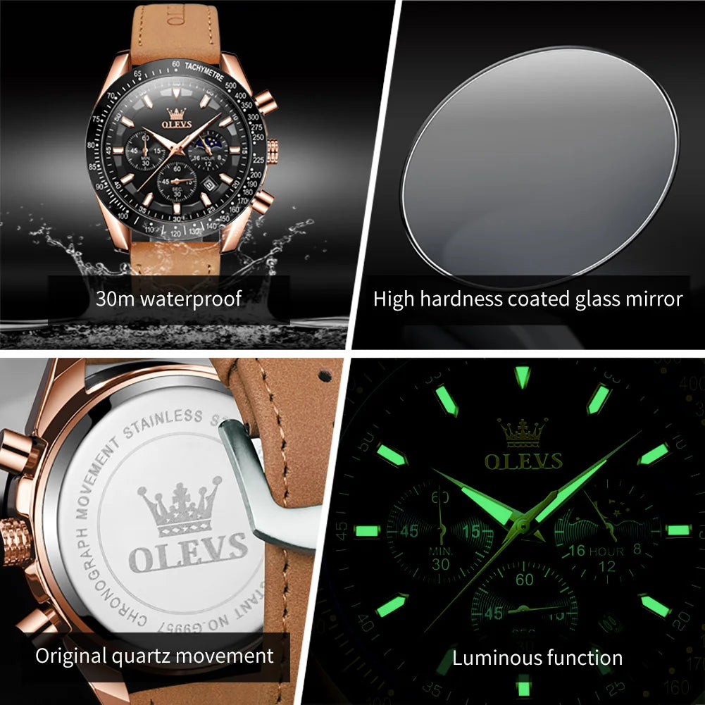 OLEVS herren Uhren Beliebte Mode Original Quarzuhr für Mann Chronograph Wasserdichte Leder Armbanduhr Luminous Mond Phase