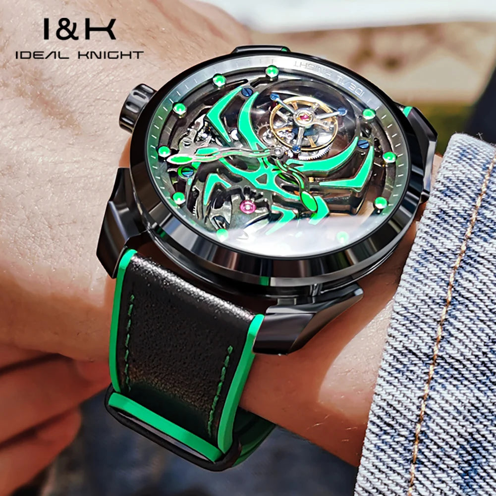 Ideale Ritter Tourbillon Uhren für Männer High-End-Luxusmarke Skelett Schwungrad voll automatische mechanische Herren Armbanduhr