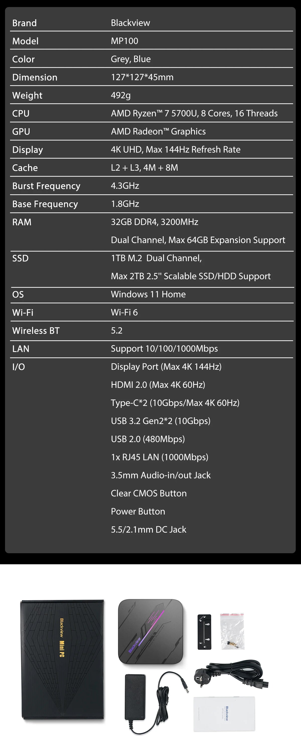 BLACKVIEW MP100 Mini-PC - Kompakte Power mit AMD Ryzen 7