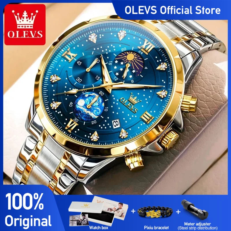 OLEVS 9807 Herrenuhren Original Quarzuhr für Herren Multifunktions-Chronograph Edelstahl Wasserdicht Leuchtend Reloj Hombre