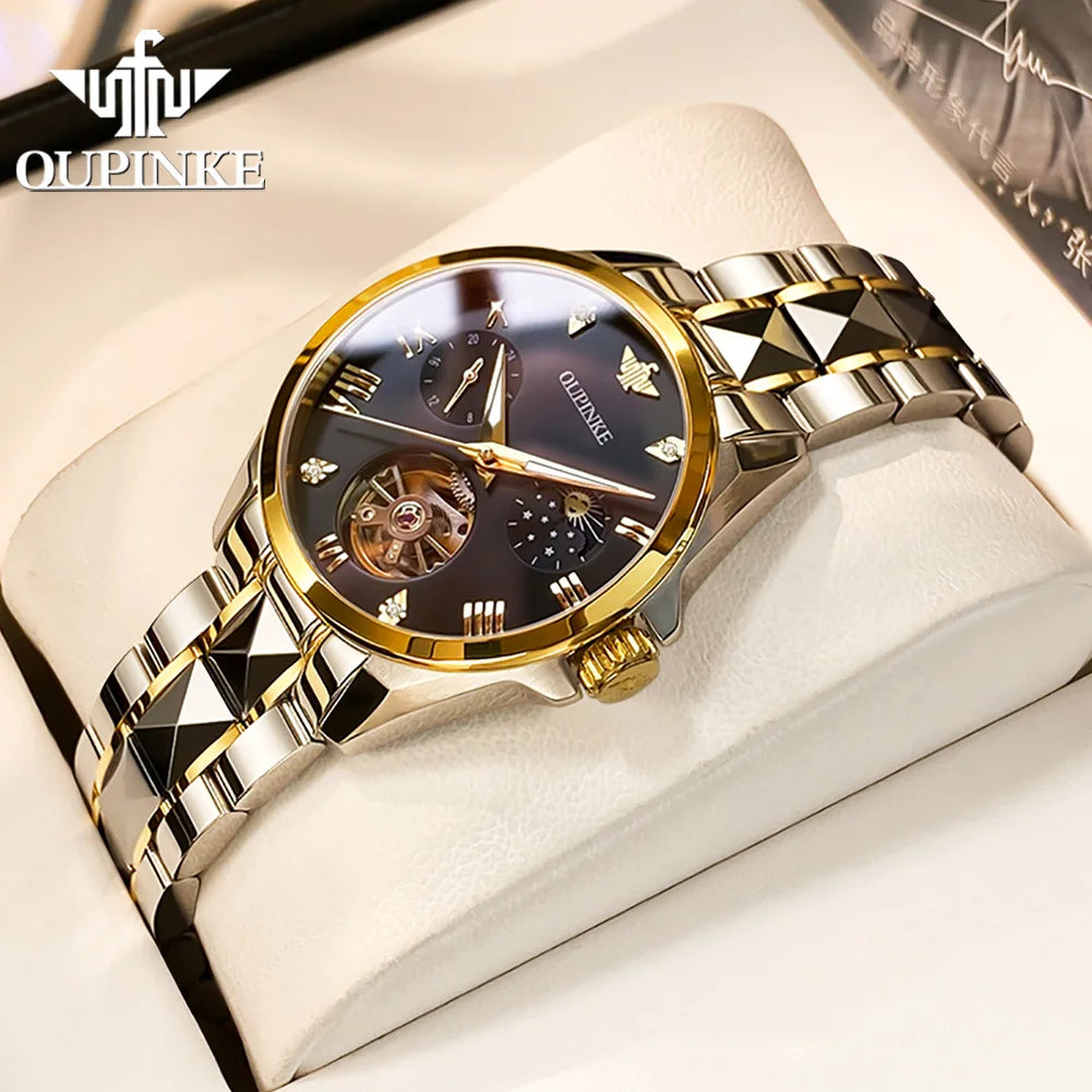 OUPINKE 3202 Hollow Women's Watch Swiss Luxury Brand Automatic Mechanical Watch Waterproof Moonphase Chronograph Women's Watch