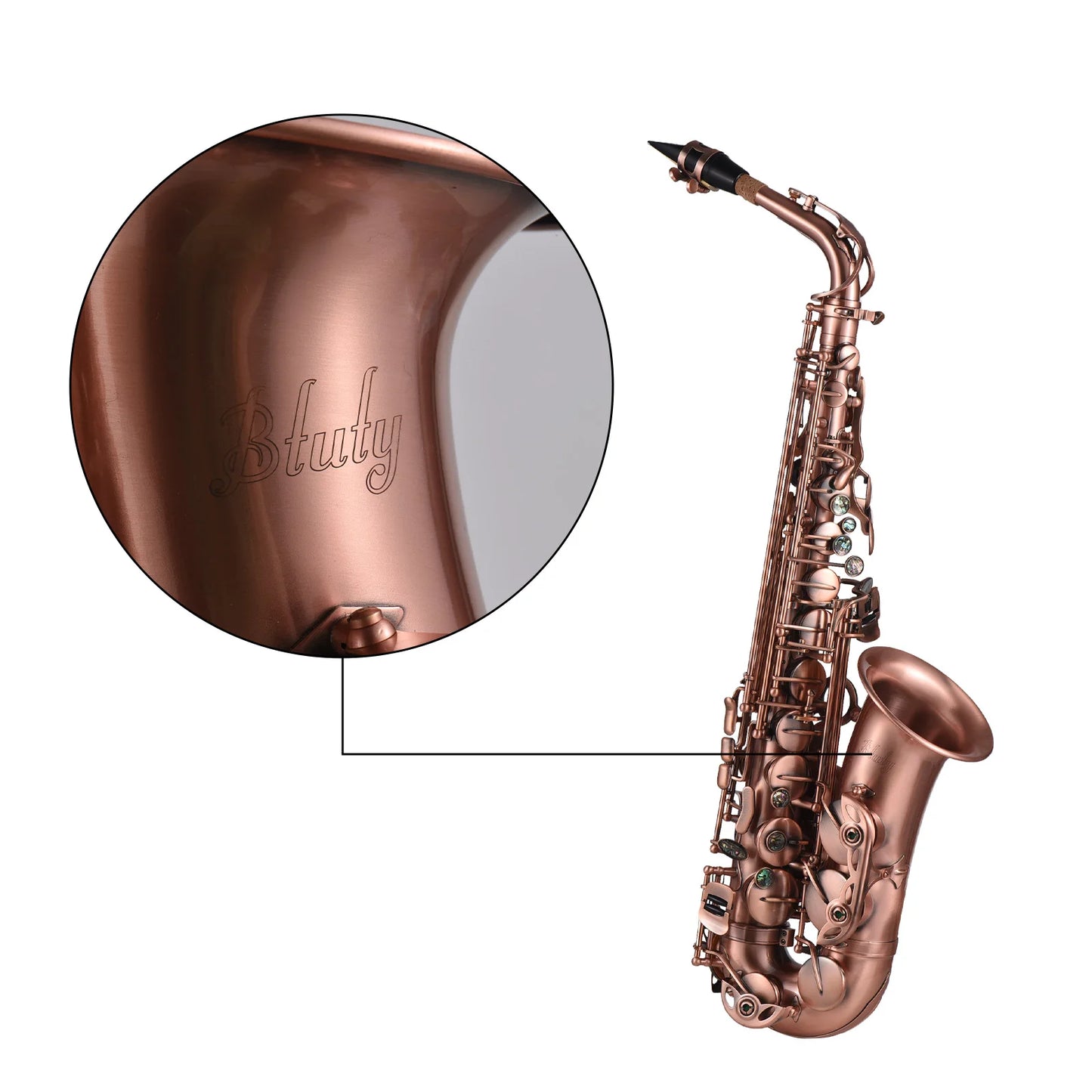 Btuty Professional Red Bronze Bend Eb E-flat Alto Saxophone Sax Abalone Shell Key Carve Pattern with Case Handschuhe Reinigungstuch