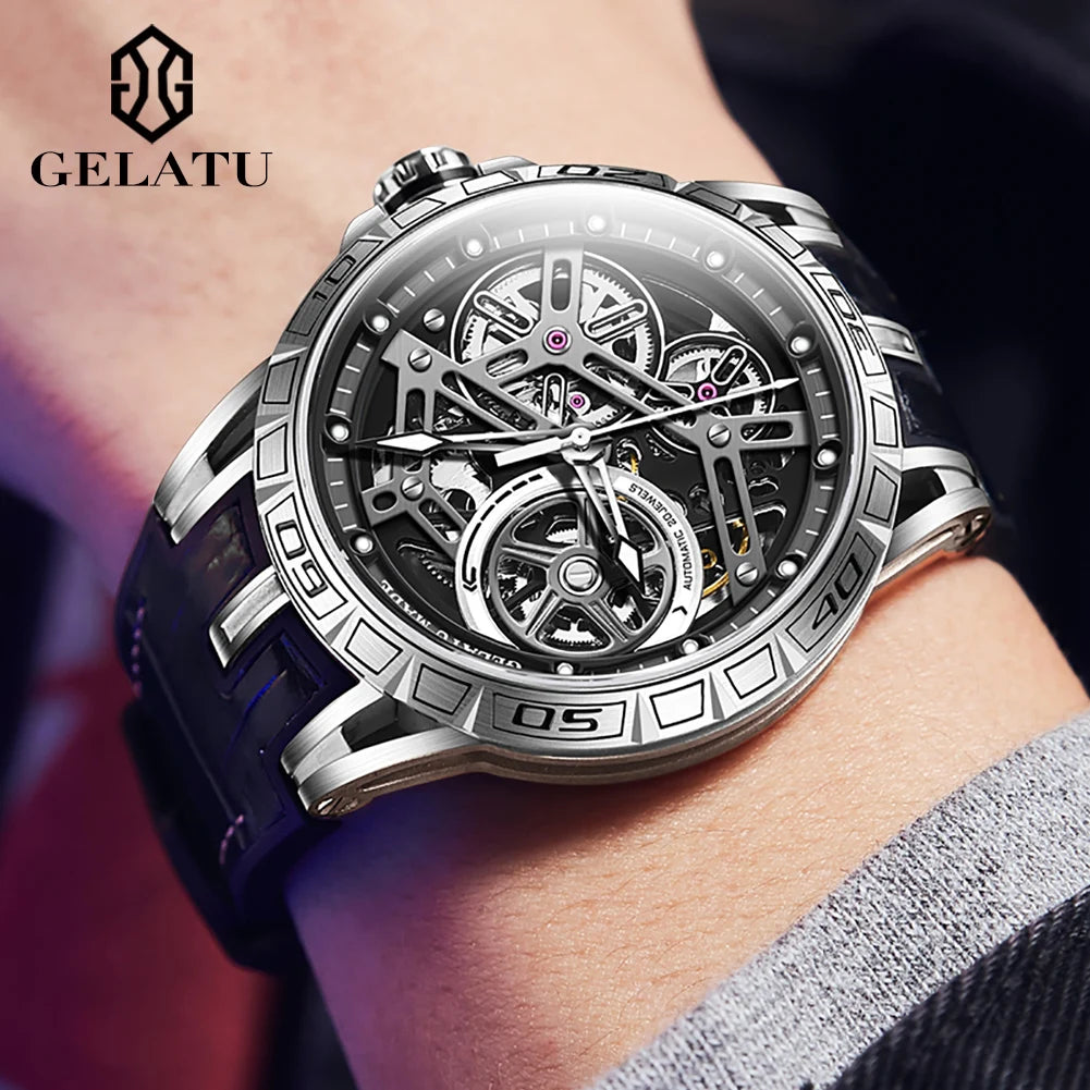 Gelatu 6015 Herren automatische mechanische Uhr wasserdichtes Leder Silikon armband Luxusmarke Skelett Sport mode Herren uhr